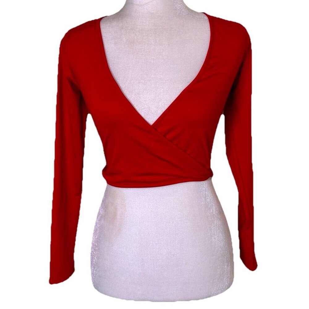 Womens Red Wrap Crop Top Deep V Neck Long‎ Sleeve Tie Back Going Out Size Small